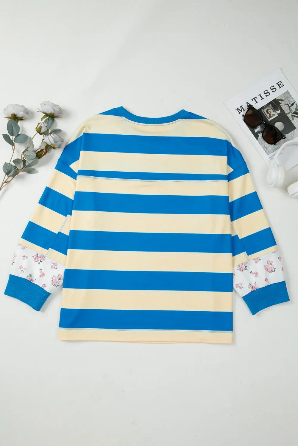 Blue Stripe Floral Color Block Drop Shoulder Plus Size Top Dear-Lover Dropshipping